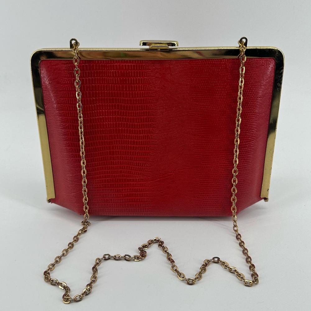 Vintage Etra Red Leather Frame Kiss Lock Bag Gold Chain